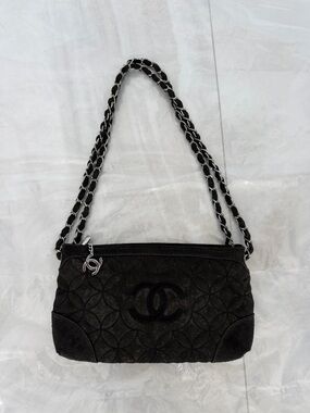 Designer Inspired Black Quilted Suede Chain Shoulder Bag with Logo Hardware
